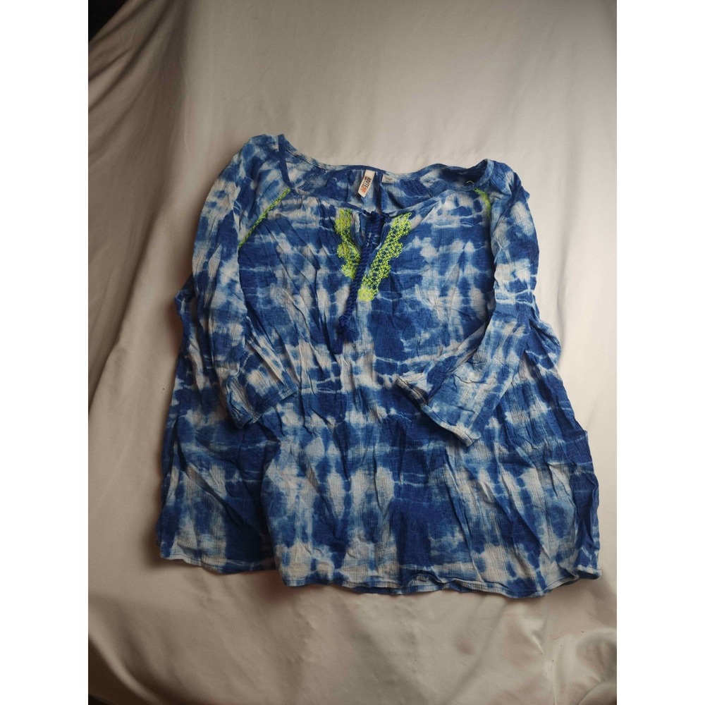 Route 66 Blouse Womens XL Blue Tie Dye Embroidered Boho Peasant Hippie Festival
